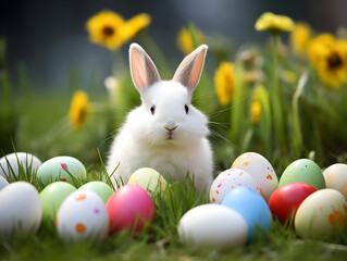 Fototapeta premium Cute white bunny with colorful easter eggs in green grass, blurry background 