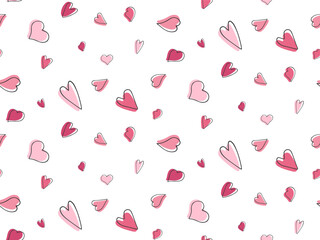 Cute pink Hearts seamless Pattern. Outline Doodle hand drawn illustration. Love symbol Background. Mother's day, Birthday, Wedding, Valentine's day design