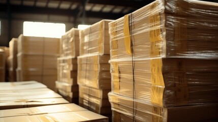 A warehouse filled with lots of boxes and pallets. Can be used to depict storage, logistics, inventory, or distribution center
