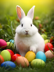 Fototapeta na wymiar Cute white bunny with colorful easter eggs in green grass, blurry background 