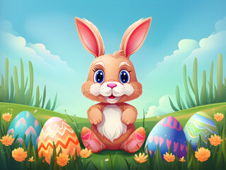 Illustration of a cute bunny with easter eggs