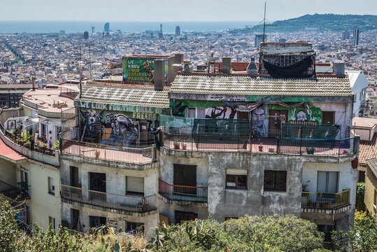 Barcelona, Spain - May 26, 2015: View from Park Guell on a squat house in Barcelona