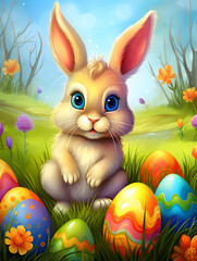 Illustration of a cute bunny with easter eggs