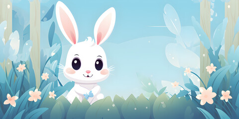 Obraz premium Illustration of a cute easter bunny on floral spring background 