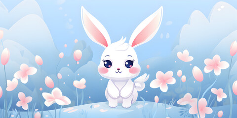 Illustration of a cute easter bunny on floral spring background 