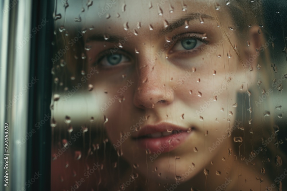 Poster Close up shot of a person looking out a window. Ideal for illustrating curiosity, contemplation, or introspection. Can be used in various contexts