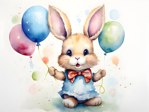 Watercolor illustration of a cute beige bunny with balloons on white background 