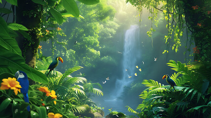 Fototapeta na wymiar Discover the breathtaking beauty of a hidden oasis, where a lush jungle reveals a mesmerizing waterfall, surrounded by vibrant exotic birds. Immerse yourself in nature's captivating paradise.