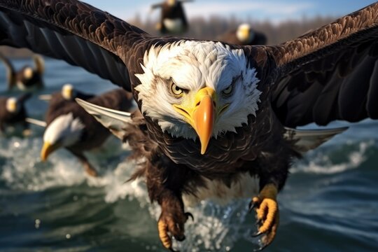 A powerful bald eagle gracefully landing on a calm body of water. Ideal for nature and wildlife enthusiasts.