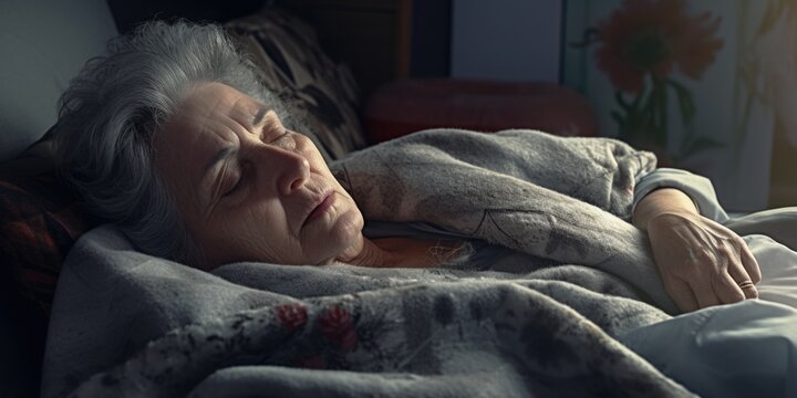 A woman peacefully laying in bed with her eyes closed. This image can be used to depict relaxation, sleep, rest, or tranquility