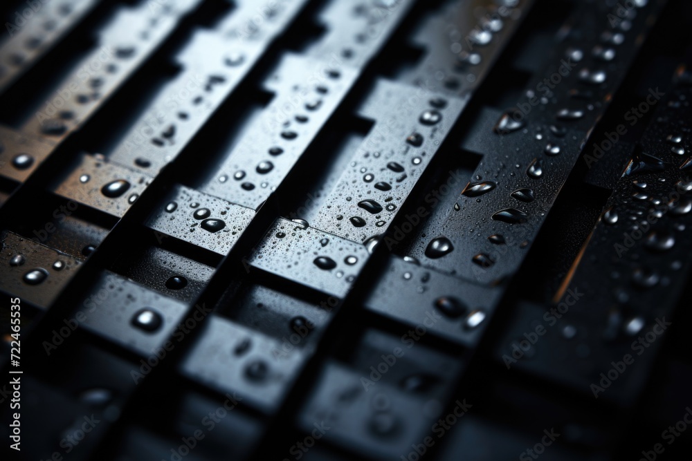 Poster a close up of a keyboard covered in water droplets. perfect for illustrating technology and water da