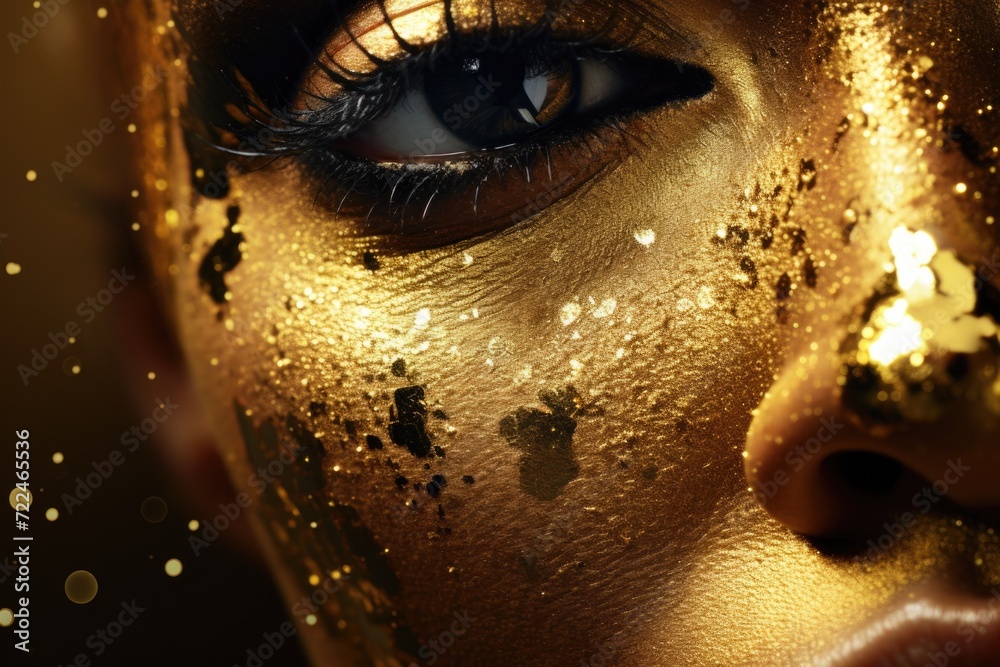 Poster close-up view of a person with gold paint on their face. suitable for various creative and festive c
