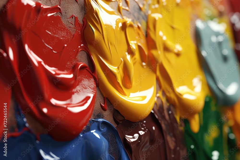 Poster A vibrant collection of colorful paint splatters on a wall. Ideal for adding a pop of color to any project or design