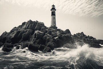 A black and white photo of a lighthouse surrounded by rocks. Suitable for various uses © Fotograf