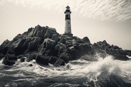 A black and white photo of a lighthouse surrounded by rocks. Suitable for various uses