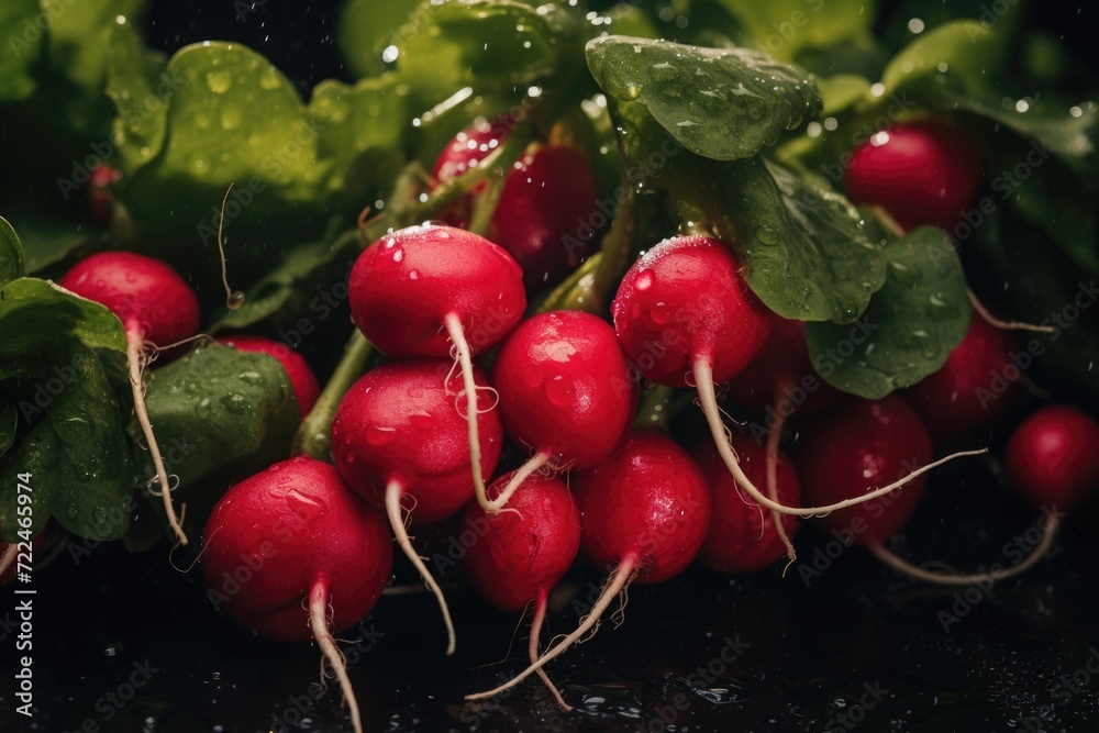 Poster a close-up image of a bunch of radishes with water droplets on them. this picture can be used to sho
