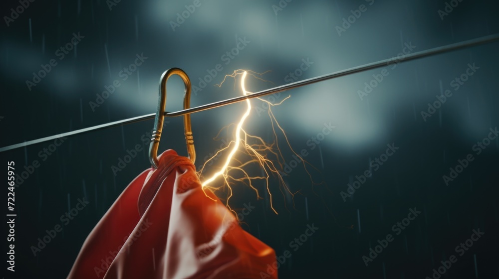 Poster a striking image of a red umbrella against a backdrop of a lightning bolt. this picture can be used 