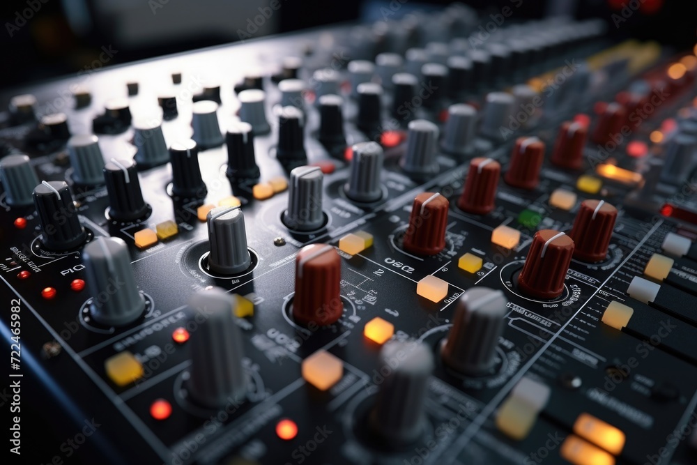 Poster A close-up view of a mixing board with various knobs and controls. This image can be used to illustrate music production, sound engineering, or recording studio concepts