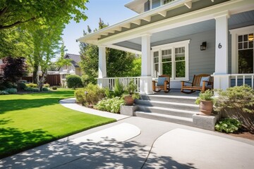 A picturesque house with a perfectly manicured lawn. Ideal for real estate, landscaping, or home improvement projects