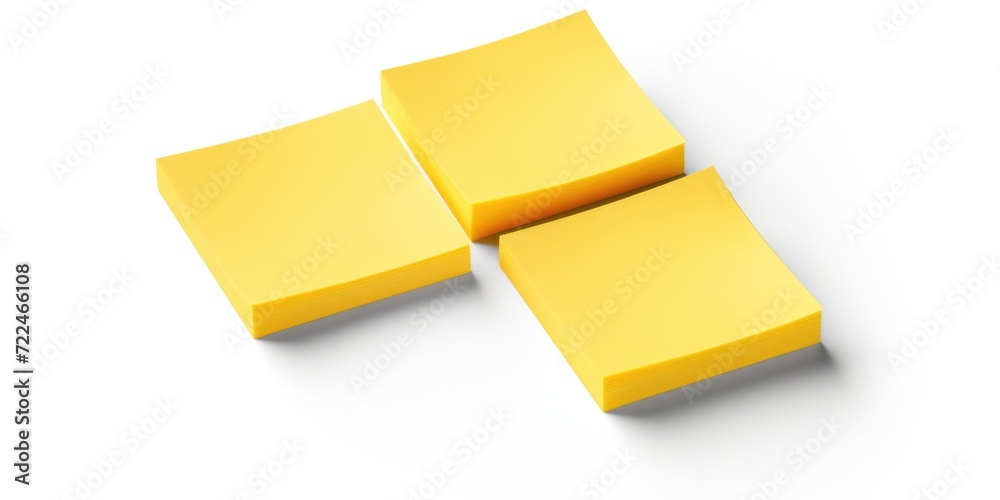 Poster Three pieces of yellow Post-It notes are arranged on a clean white surface. This versatile image can be used for office, organization, or productivity-related projects