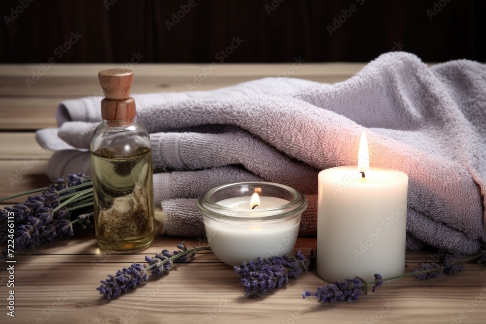 Poster a simple arrangement of a towel, candle, and lavender flowers on a wooden table. perfect for adding 