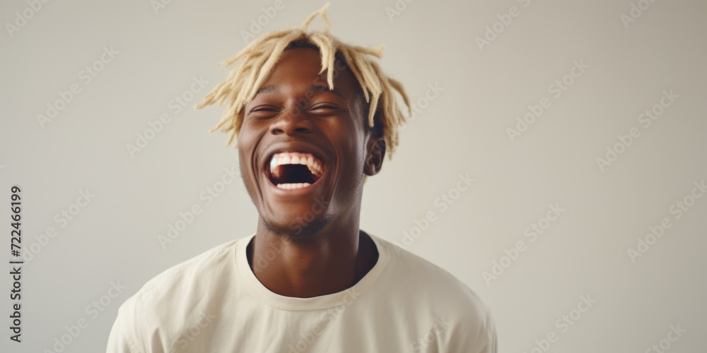 Sticker a man with dreadlocks is captured in a moment of laughter. this image can be used to depict joy, hap