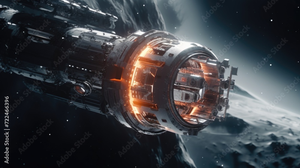 Poster A picture of a space station located in the middle of a planet. This image can be used to depict futuristic space travel and exploration
