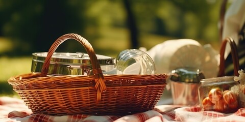 A picture of a picnic basket filled with delicious food placed on a checkered table cloth. Perfect for outdoor dining and summer gatherings