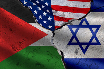 Flags Palestine and Israel. USA mediation in middle east. Crack between state flags. Concept of Palestine against Israel. Influence of USA on conflict two countries. War, confrontation. 3d image