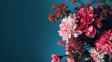 A bouquet of flowers with a dark blue gradient background leaving room for text in an advertising or promotional asset