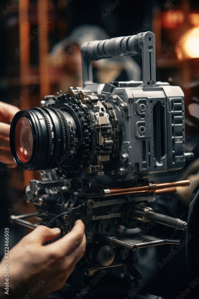 Poster A person holding a camera in front of another camera. This image can be used to depict the concept of photography, self-portraits, or capturing moments