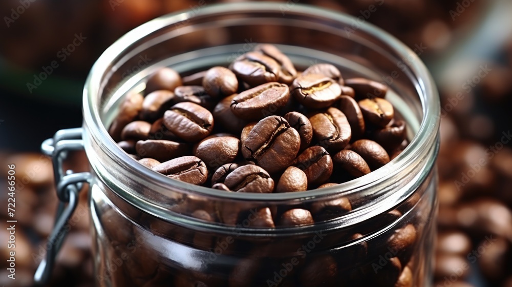 Poster A glass jar filled with an abundance of coffee beans. Perfect for illustrating the rich aroma and freshness of coffee. Ideal for coffee shops, cafes, and food-related designs