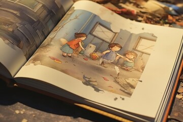 Two children are depicted playing in an open book. This image can be used to illustrate the joy of reading and the imagination that can be sparked through books