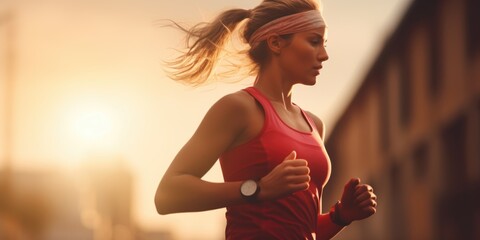 A woman in a red tank top running. Perfect for fitness and active lifestyle concepts