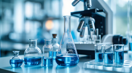 Chemistry Science Laboratory Research Scientific Chemical Test Flask, Equipment Liquid Experiment Medicine Blue Glassware, Lab Pharmacy Tube Biotechnology Technology Pharmaceutical