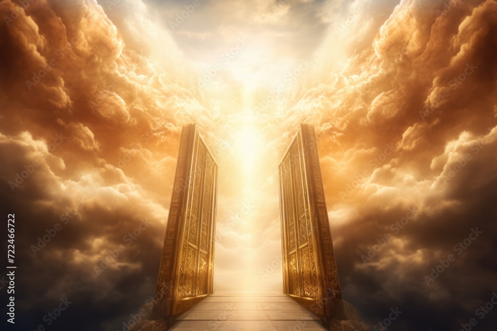 Poster An open door leading to a beautiful sky with clouds. Perfect for concepts of new beginnings and endless possibilities