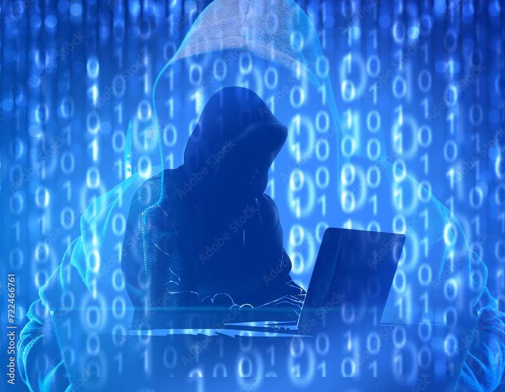 Poster man hacker. cyber ​​villain in hood. hacker with laptop among binary code. cyber fraudster hacks web