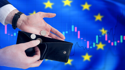 Crisis in European union. Empty wallet in hands man. European alliance flag. Concept unemployment...