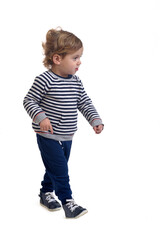  view of a baby boy walking on white background