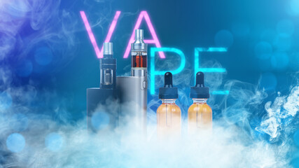 Vape devices. Electronic cigarettes. Vaping gadgets. Vape pens in smoke. Bottles with oil for...