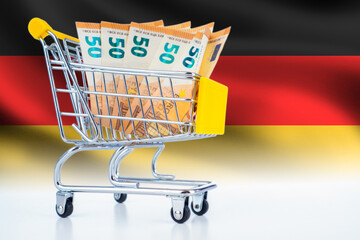Shopping basket with money. Flag Germany. Euro for shopping. Concept purchasing goods in Germany....