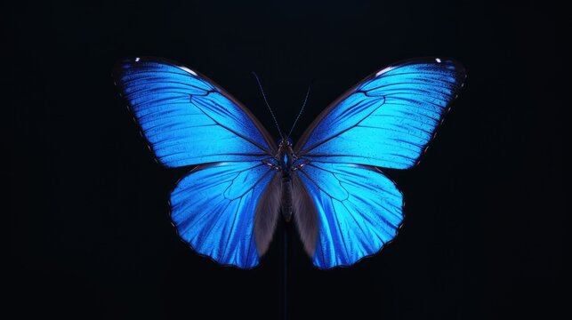 A blue butterfly perched on a sleek black surface. This image can be used to add a touch of elegance and beauty to various projects
