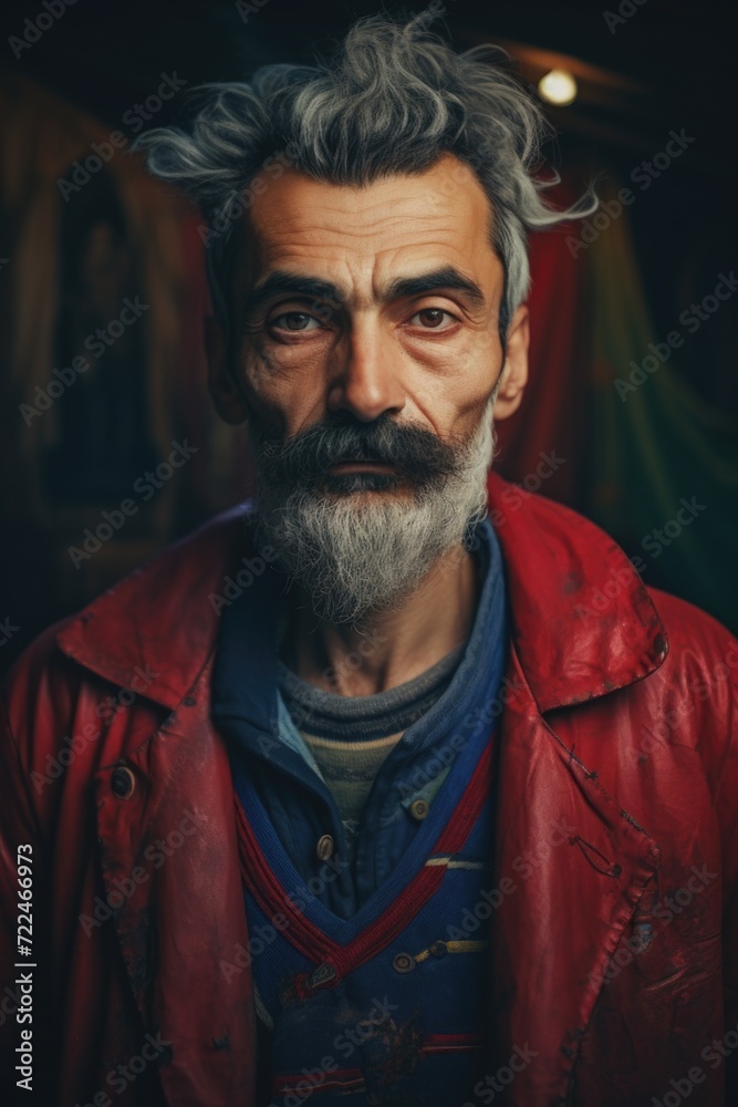 Aufkleber A picture of a man with a beard wearing a red jacket. Suitable for various uses