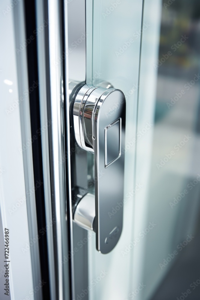 Poster A detailed close-up of a door handle on a glass door. This image can be used to showcase modern architecture or to symbolize entrance and access