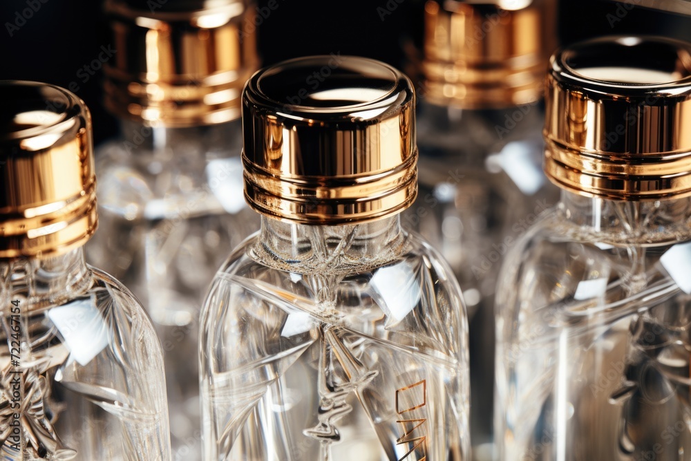 Poster glass bottles with gold caps, suitable for packaging and storing various liquids