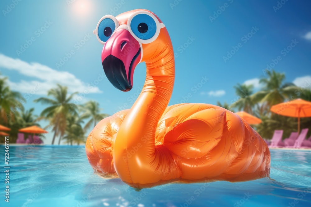 Poster An inflatable flamingo floating in a pool. Perfect for summer pool parties and tropical-themed events