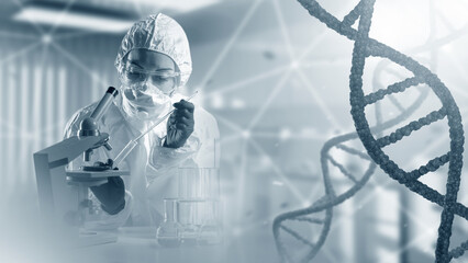 Scientist conducts genetic experiments. DNA strand near laboratory assistant. Woman geneticist in...