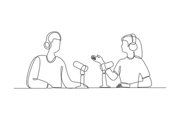 two old friends who are involved in a podcast show. concept of podcast recording, radio interviews, online streaming