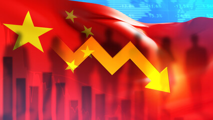 Regression of Chinese economy. Crisis financial chart. Down arrow near Chinese national symbol. PRC flag with economic charts. Financial collapse. Crisis in China. Recession, inflation. 3d image