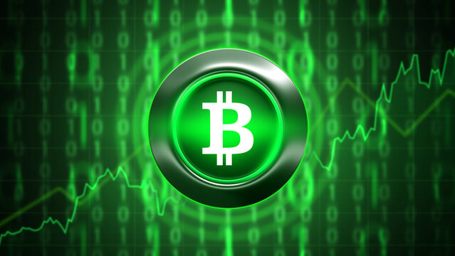 Bitcoin background. BTC logo. Bitcoin scenery. Green cryptocurrency symbol. Bitcoin technology. Investments in BTC currency. Digital decentralized money. Blockchain business. 3d image